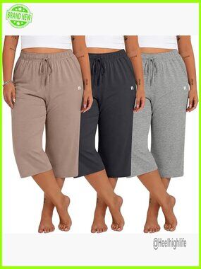 3 Pack Plus Size Women's Capri Sweatpants Wide Leg with Pockets